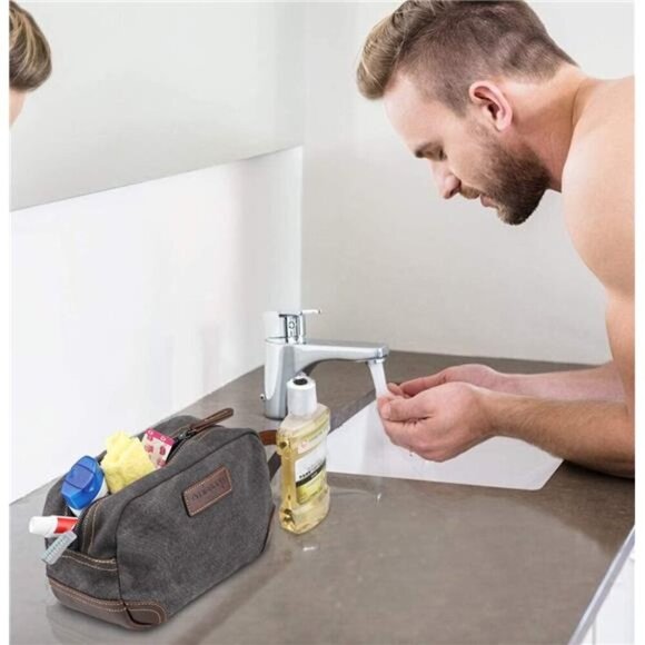 Travel Toiletry Bag for Men, Leather and Canvas Toiletry Bags, Dopp Kit for Men - Picture 6 of 7